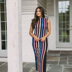 Striped Knit Midi Dress- Multicolored
