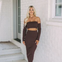 Ribbed Midi Skirt Set-Brown