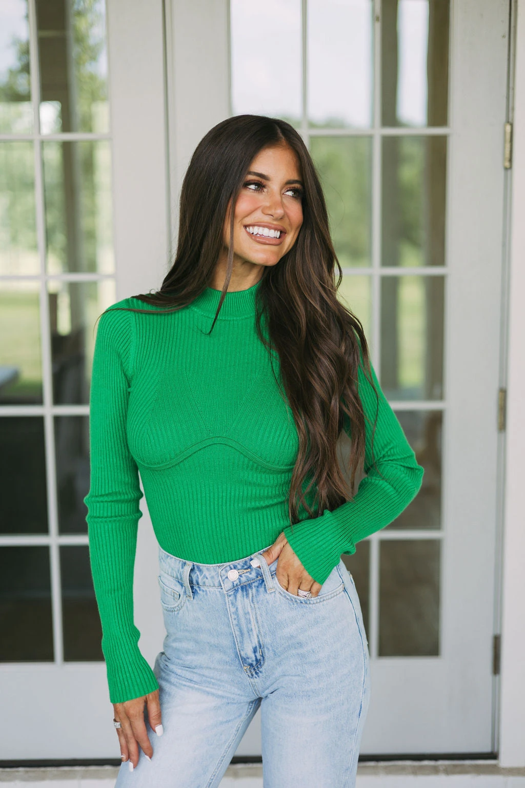 Marissa Mock Neck Top-Green - Image 7