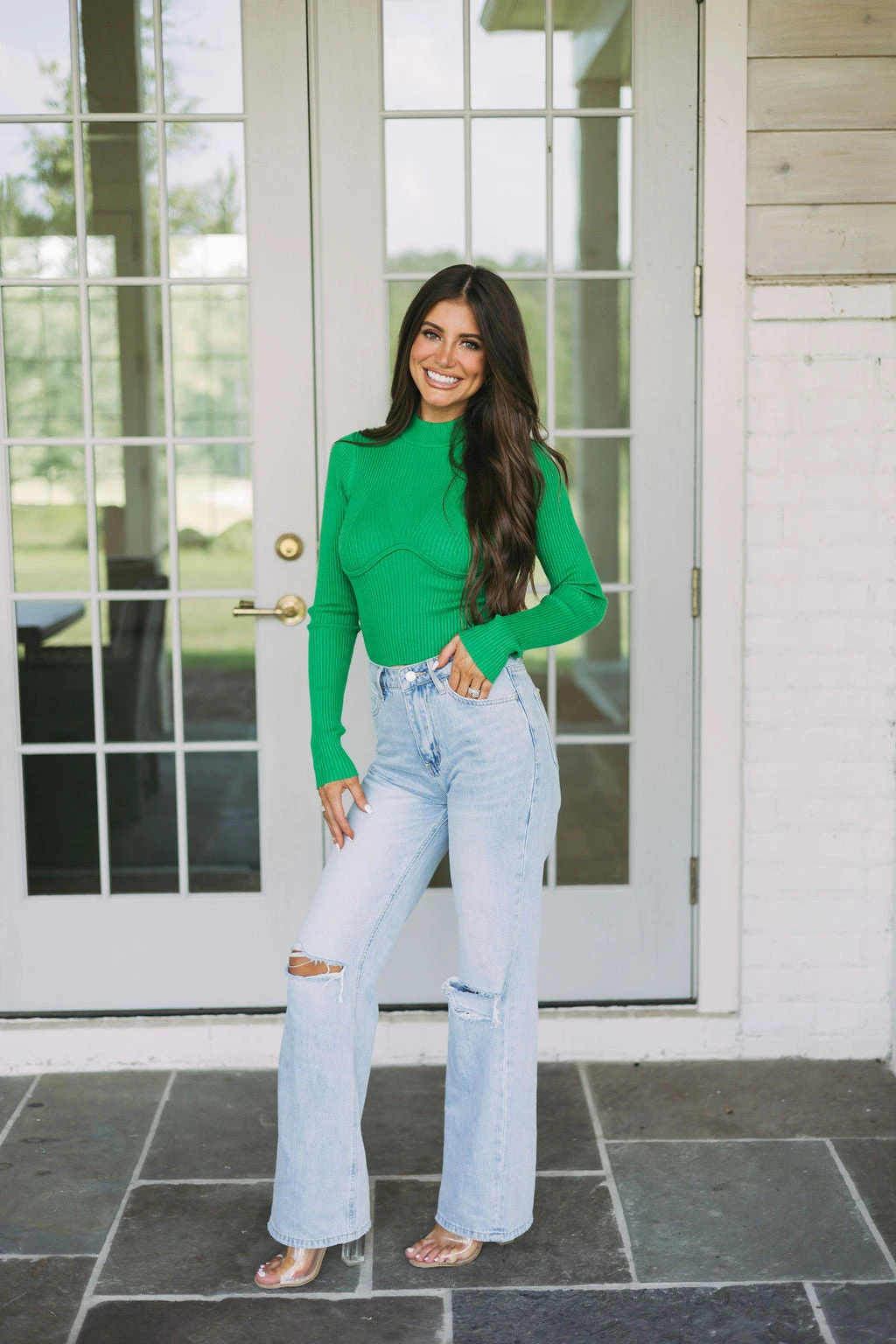 Marissa Mock Neck Top-Green - Image 5