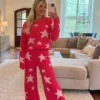 Cozy Star Print Pants Set- Hot Pink