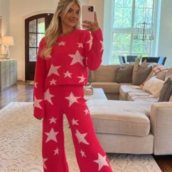 Cozy Star Print Pants Set- Hot Pink