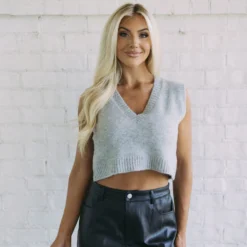 Sweater Knit Cropped Vest- Heather Grey