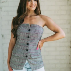 Strapless Plaid Button Up Top