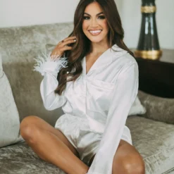 Feather Trim Button Up Pajamas- White