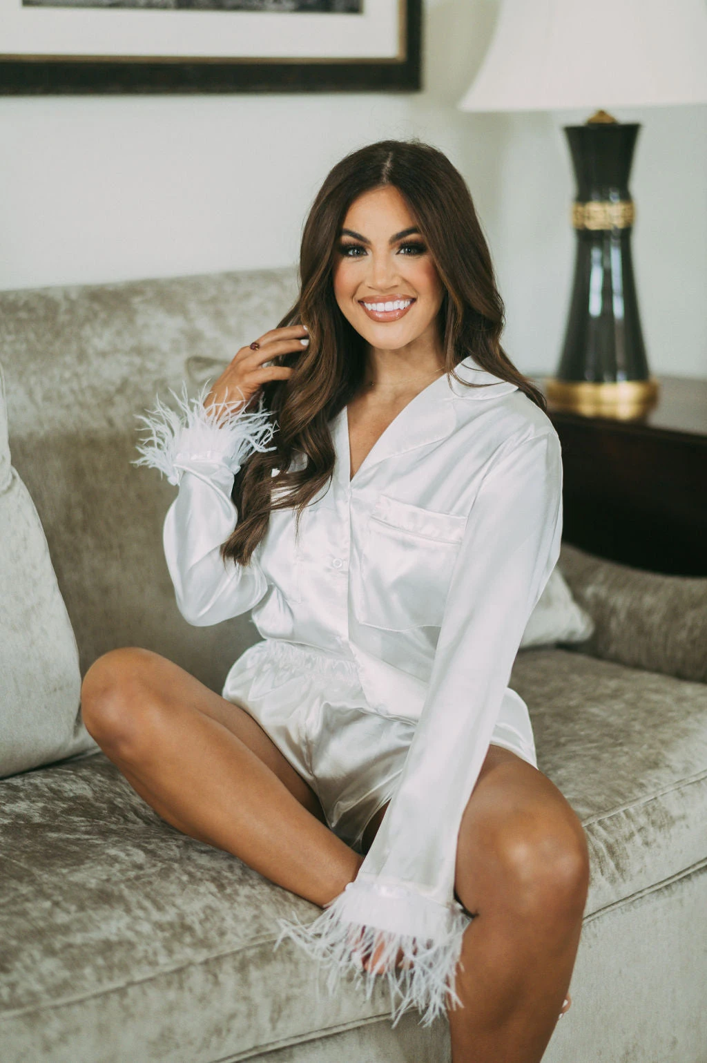 Feather Trim Button Up Pajamas- White