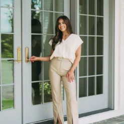 Front Slit Faux Leather Pants- Beige