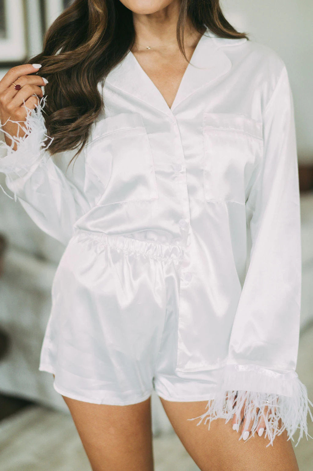 Feather Trim Button Up Pajamas- White - Image 12