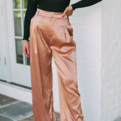 Avery High Rise Satin Pants- Brown