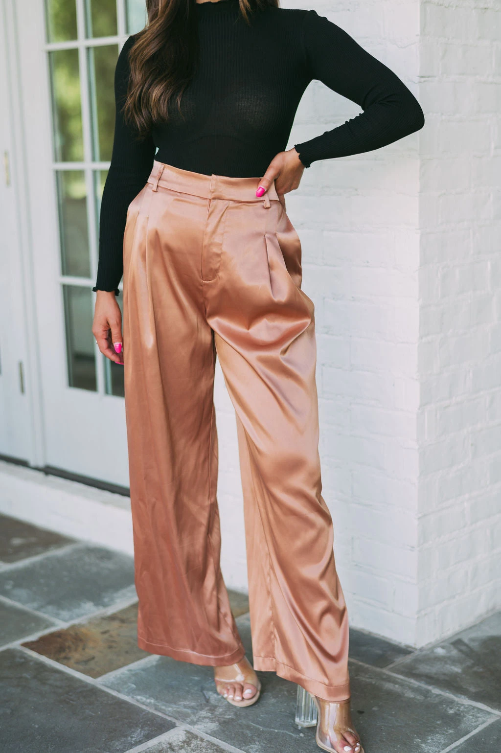 Avery High Rise Satin Pants- Brown