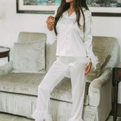 Silk Feather Trim Pajamas- White