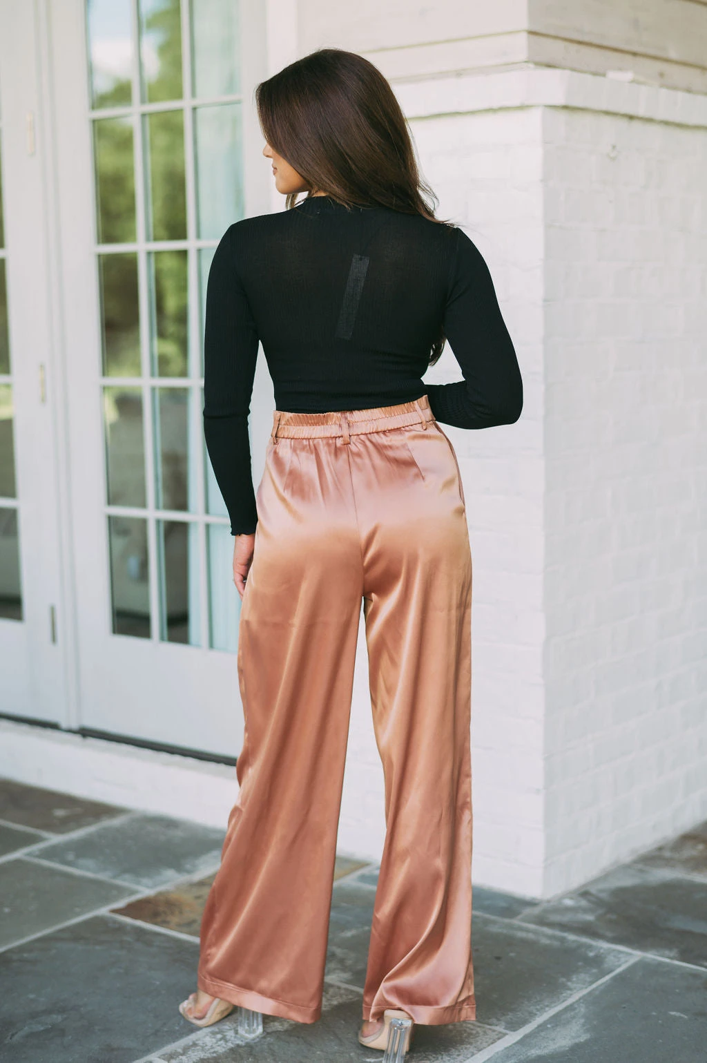 Avery High Rise Satin Pants- Brown - Image 4