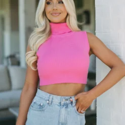 Haley Ribbed Mock Neck Top-Pink