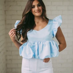 Satin Bubble Top-Light Blue