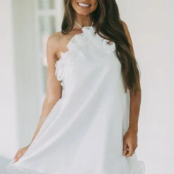 Halter Ruffle Organza Dress-White