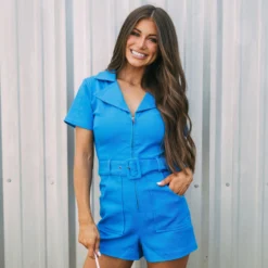 Zip Front Belted Romper-Blue