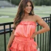 Strapless Satin Flounce Romper-Apricot