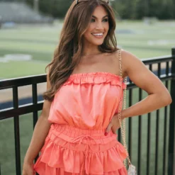 Strapless Satin Flounce Romper-Apricot