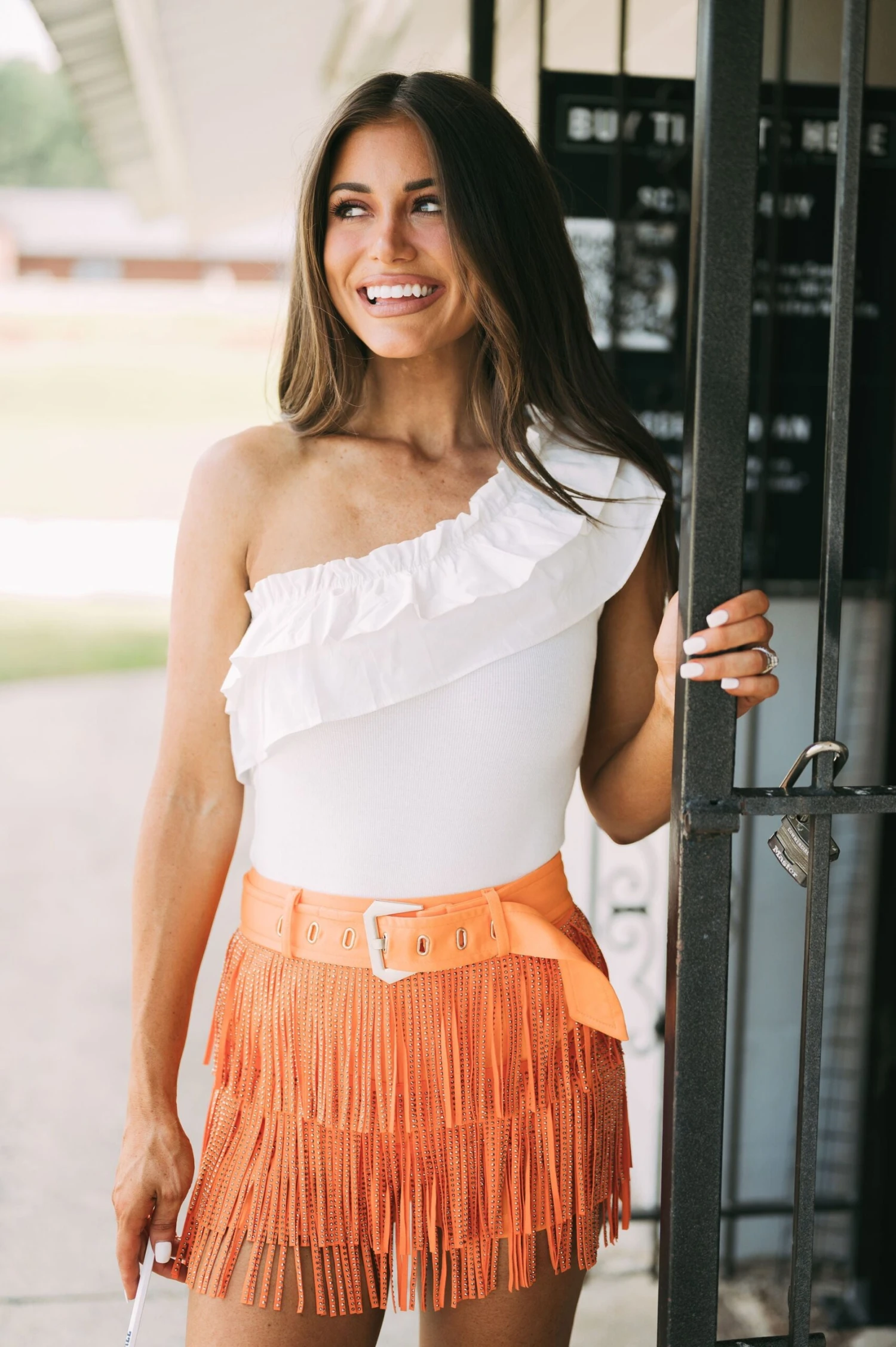Rhinestone Fringe Belted Shorts- Orange// PETITE - Image 7