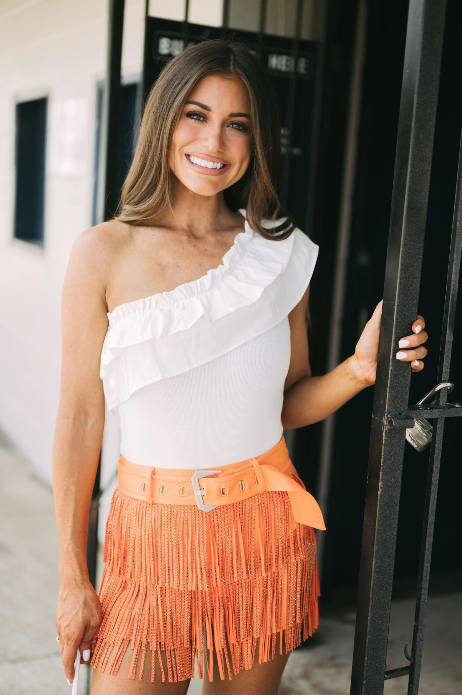 Rhinestone Fringe Belted Shorts- Orange// PETITE - Image 5