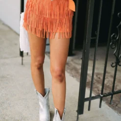 Rhinestone Fringe Belted Shorts- Orange// PETITE
