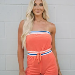 Strapless French Terry Romper- Orange// PETITE