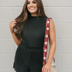 Pleated Mock Neck Shorts Set- Black