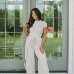 Ribbed Split Pants Set-Oatmeal