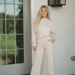 Front Slit Flared Lounge Pants-Natural