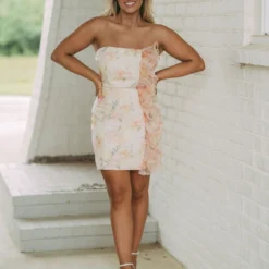 Strapless Organza Ruffle Dress- Ivory Mix