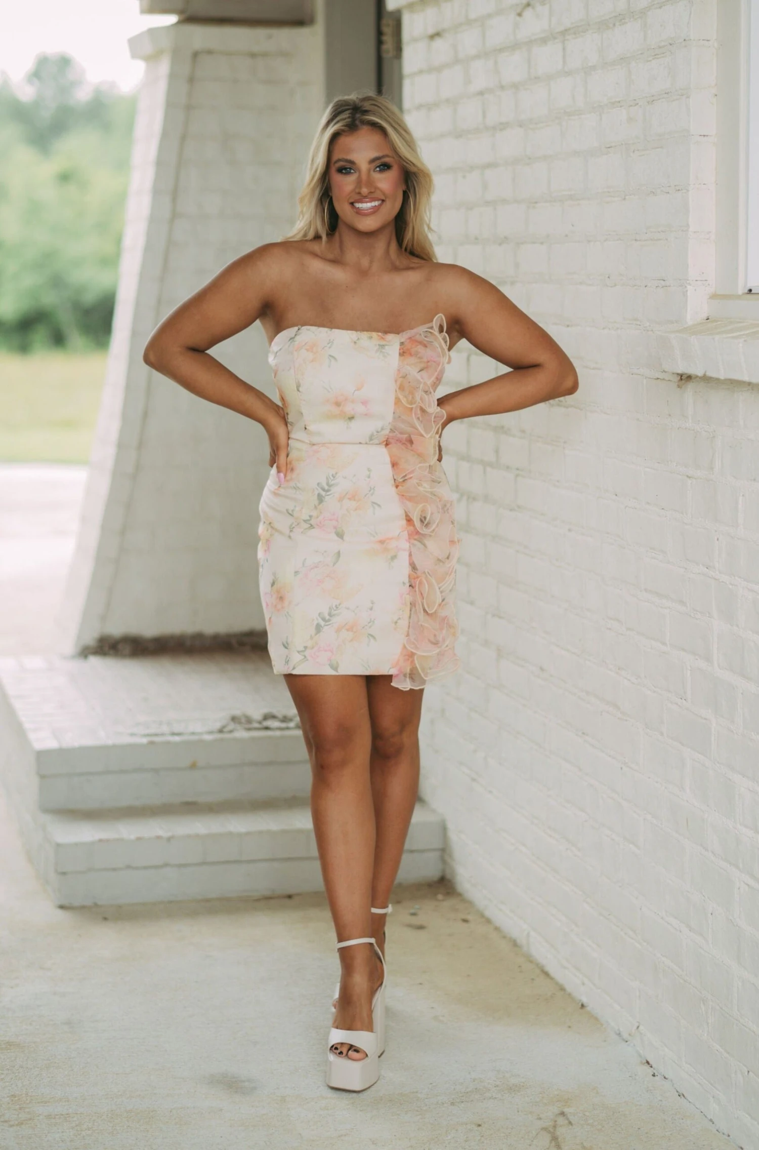 Strapless Organza Ruffle Dress- Ivory Mix