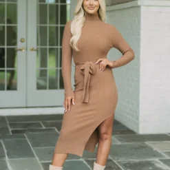 Blakely Ribbed Knit Midi Dress- Caramel