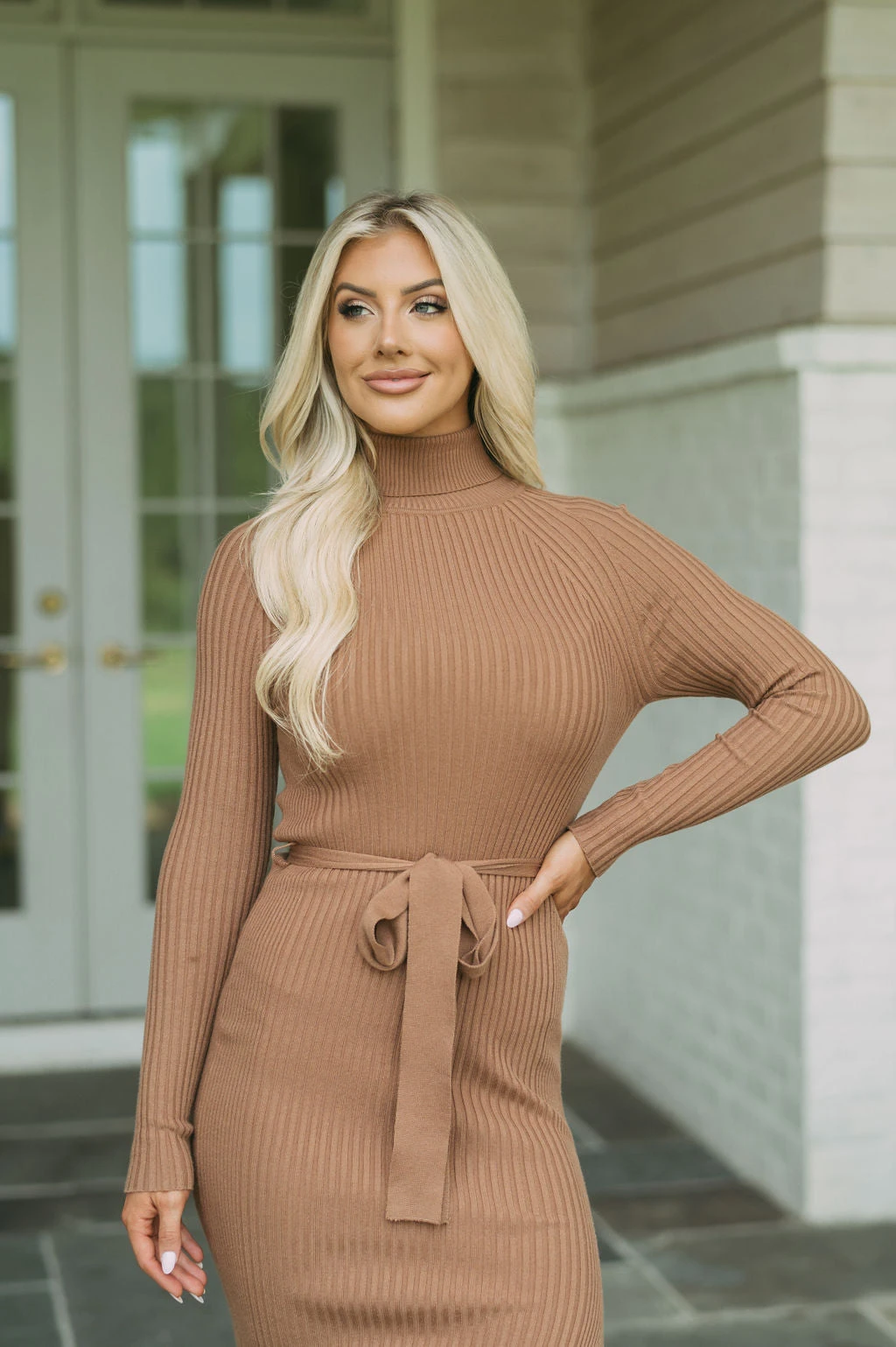 Blakely Ribbed Knit Midi Dress- Caramel - Image 7