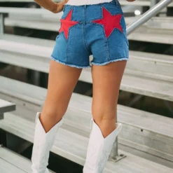 Suede Star Denim Shorts- Red