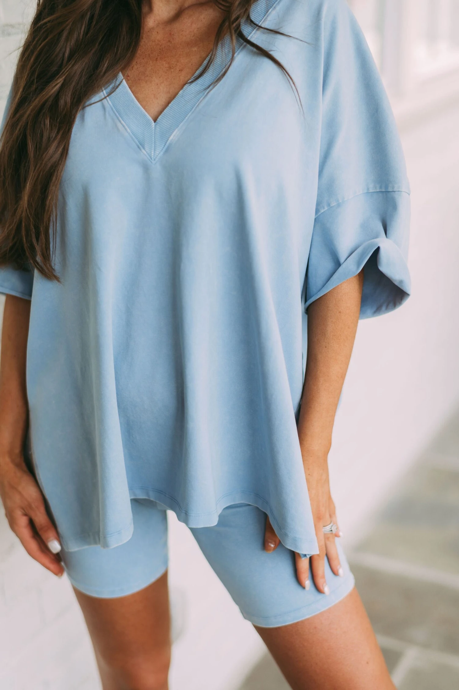 Mineral Washed V-Neck Top-Light Blue - Image 5