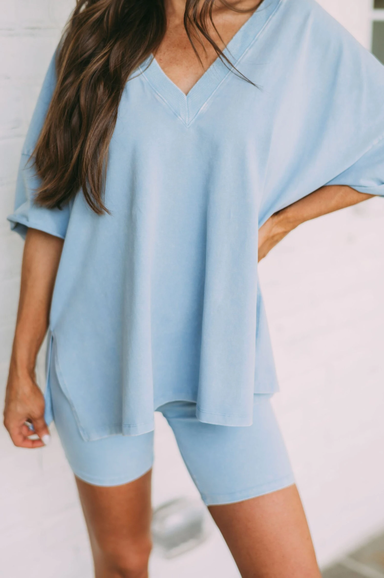 Mineral Washed V-Neck Top-Light Blue - Image 2