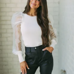 Pearl Puff Sleeve Top- Cream