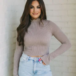 Ribbed Mock Neck Top-Mocha