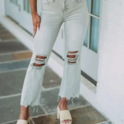 Destroyed Knee Cropped Jeans-Vintage Green