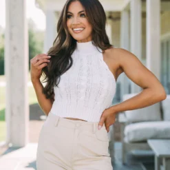 Mock Neck Cable Knit Sweater- White