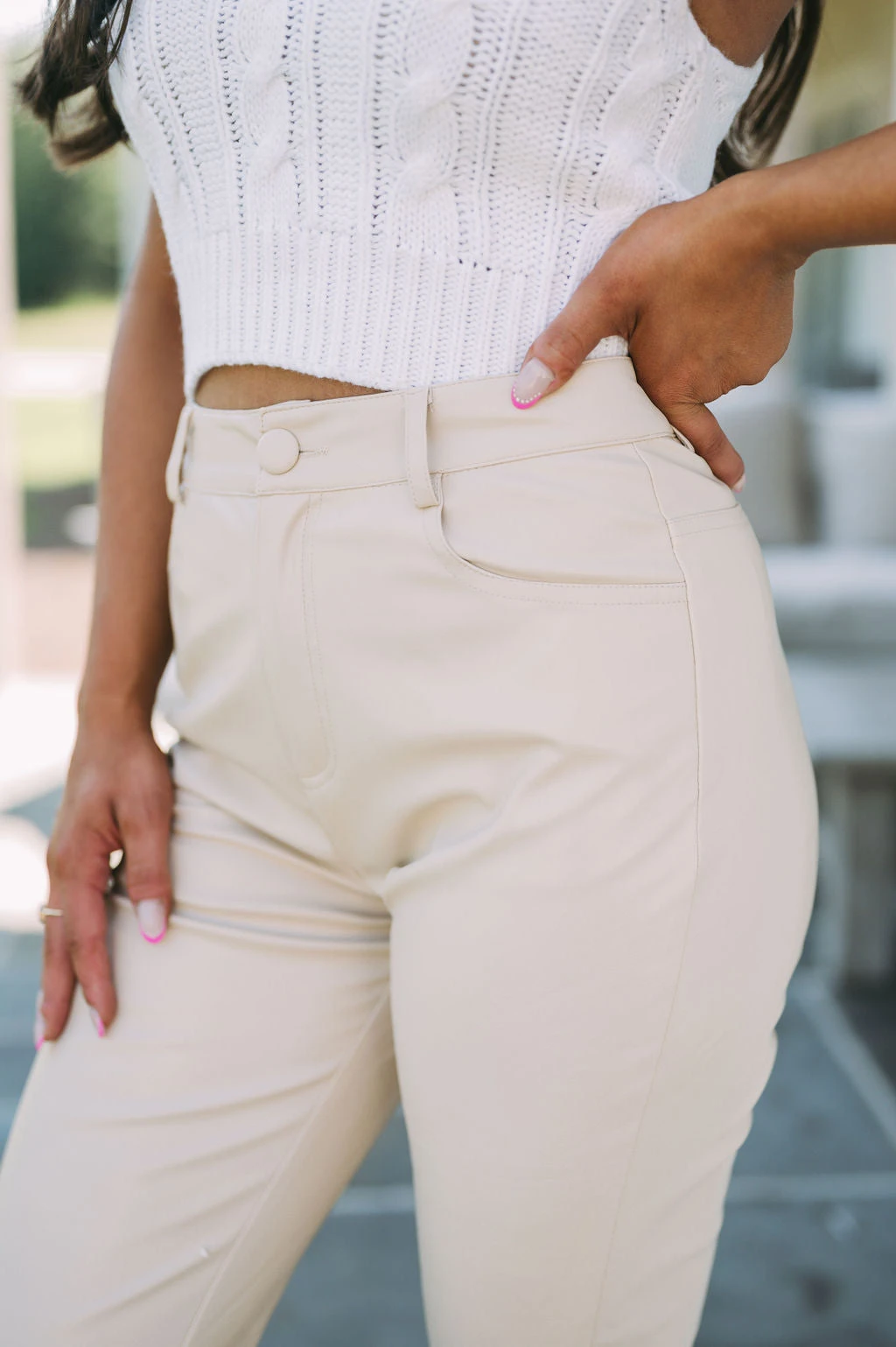Faux Leather Straight Leg Pants- Beige - Image 11