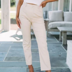 Faux Leather Straight Leg Pants- Beige