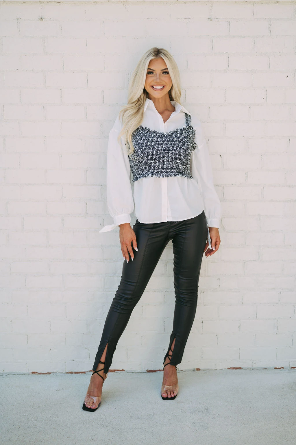 Tweed Button Down Combo Top- Black/White - Image 3