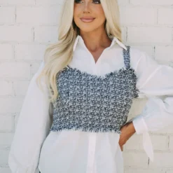 Tweed Button Down Combo Top- Black/White