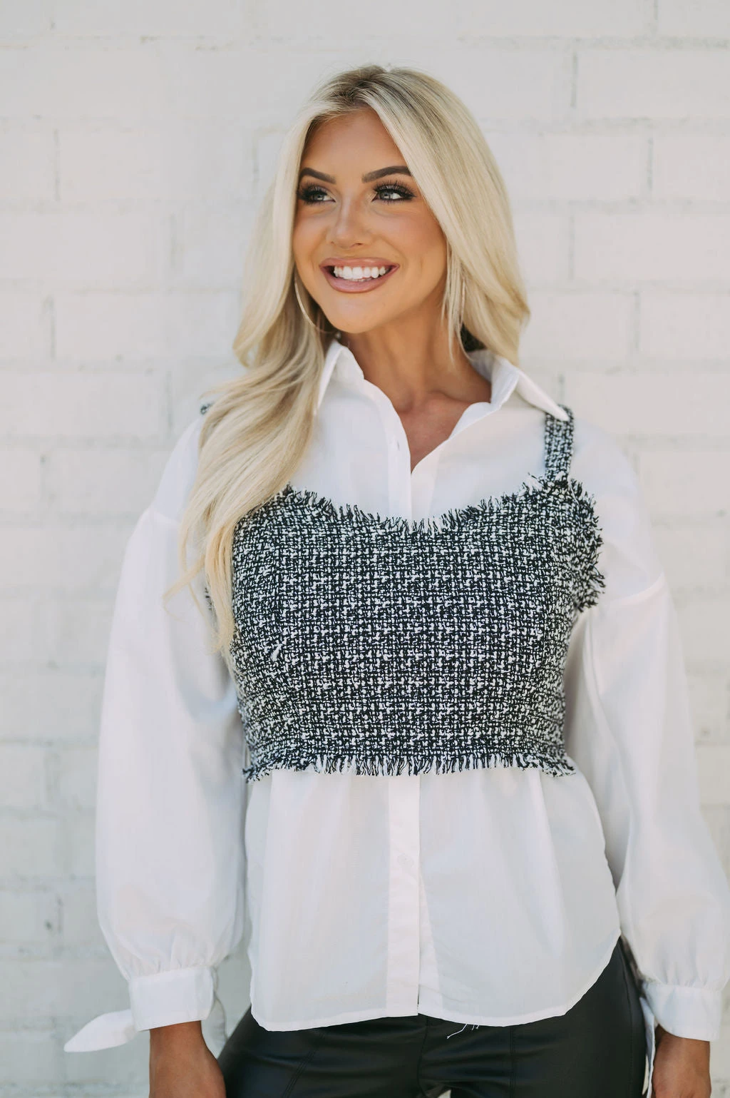 Tweed Button Down Combo Top- Black/White - Image 8