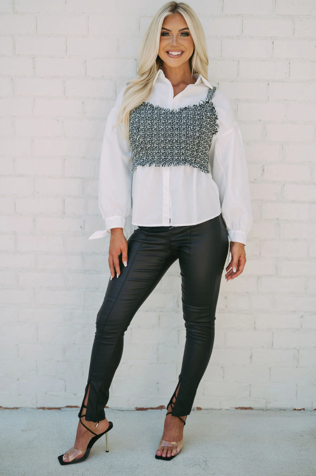 Tweed Button Down Combo Top- Black/White - Image 10