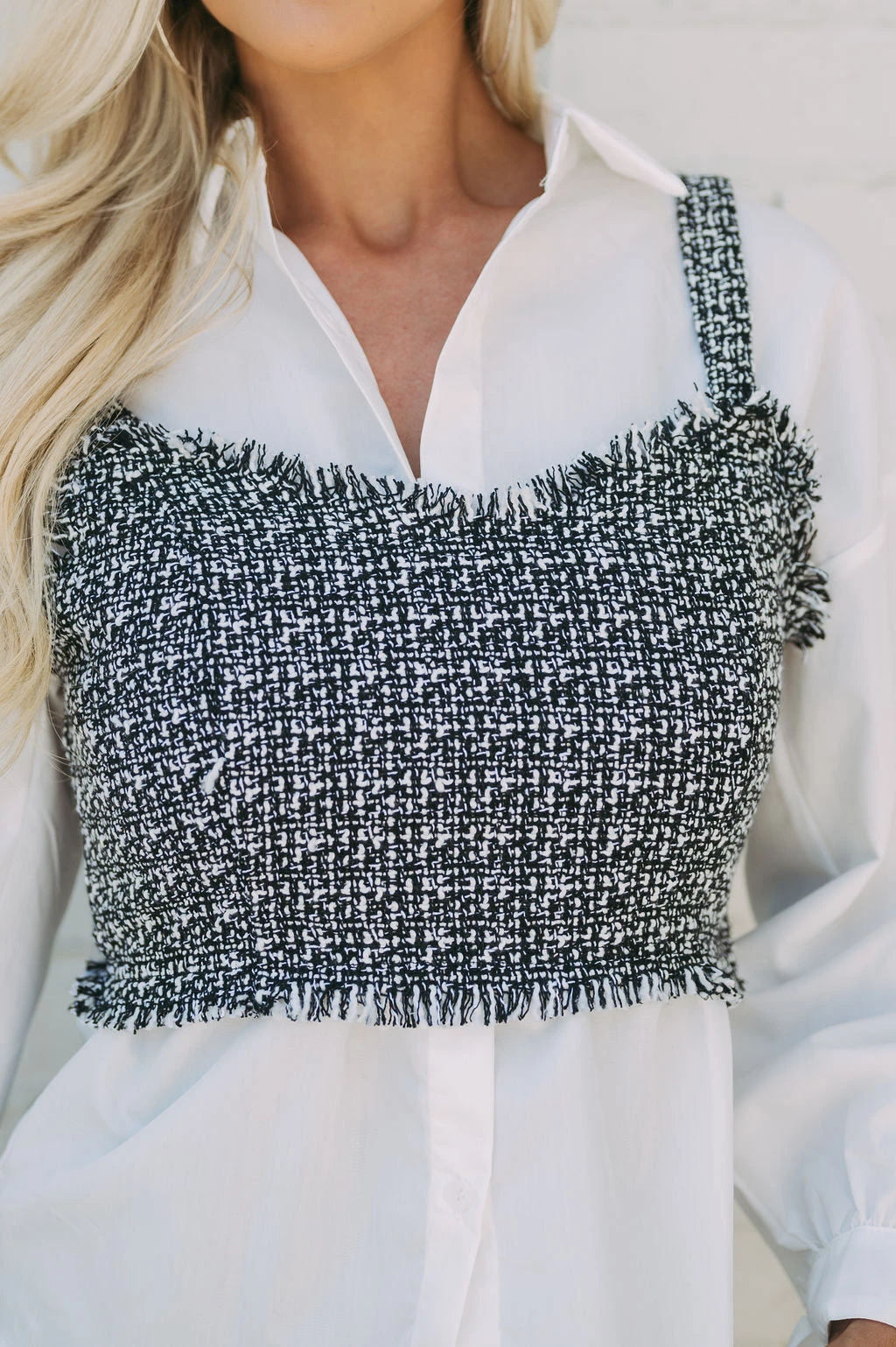 Tweed Button Down Combo Top- Black/White - Image 13