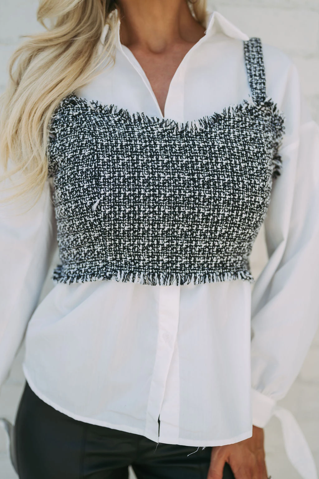 Tweed Button Down Combo Top- Black/White - Image 14
