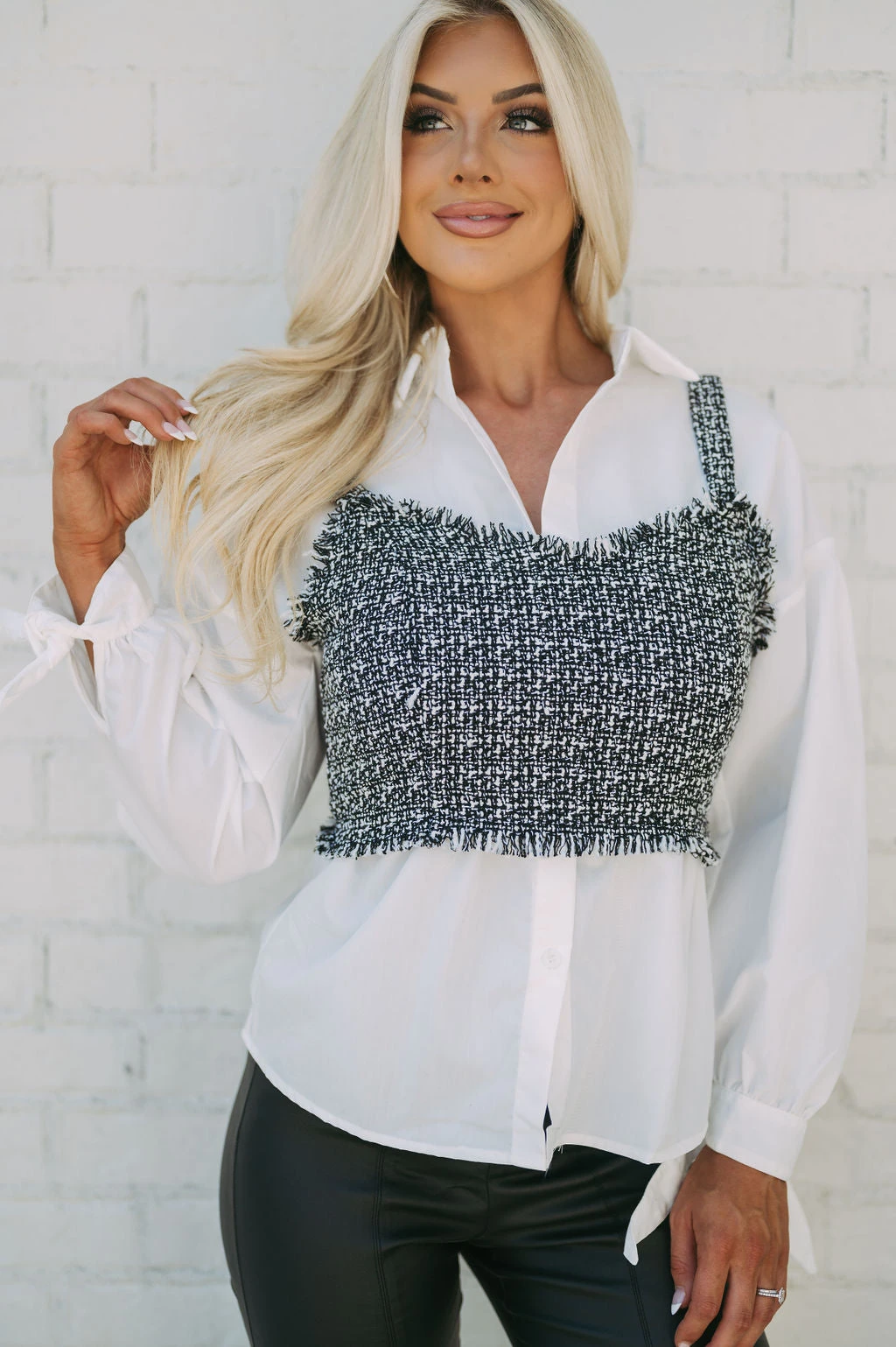 Tweed Button Down Combo Top- Black/White - Image 15