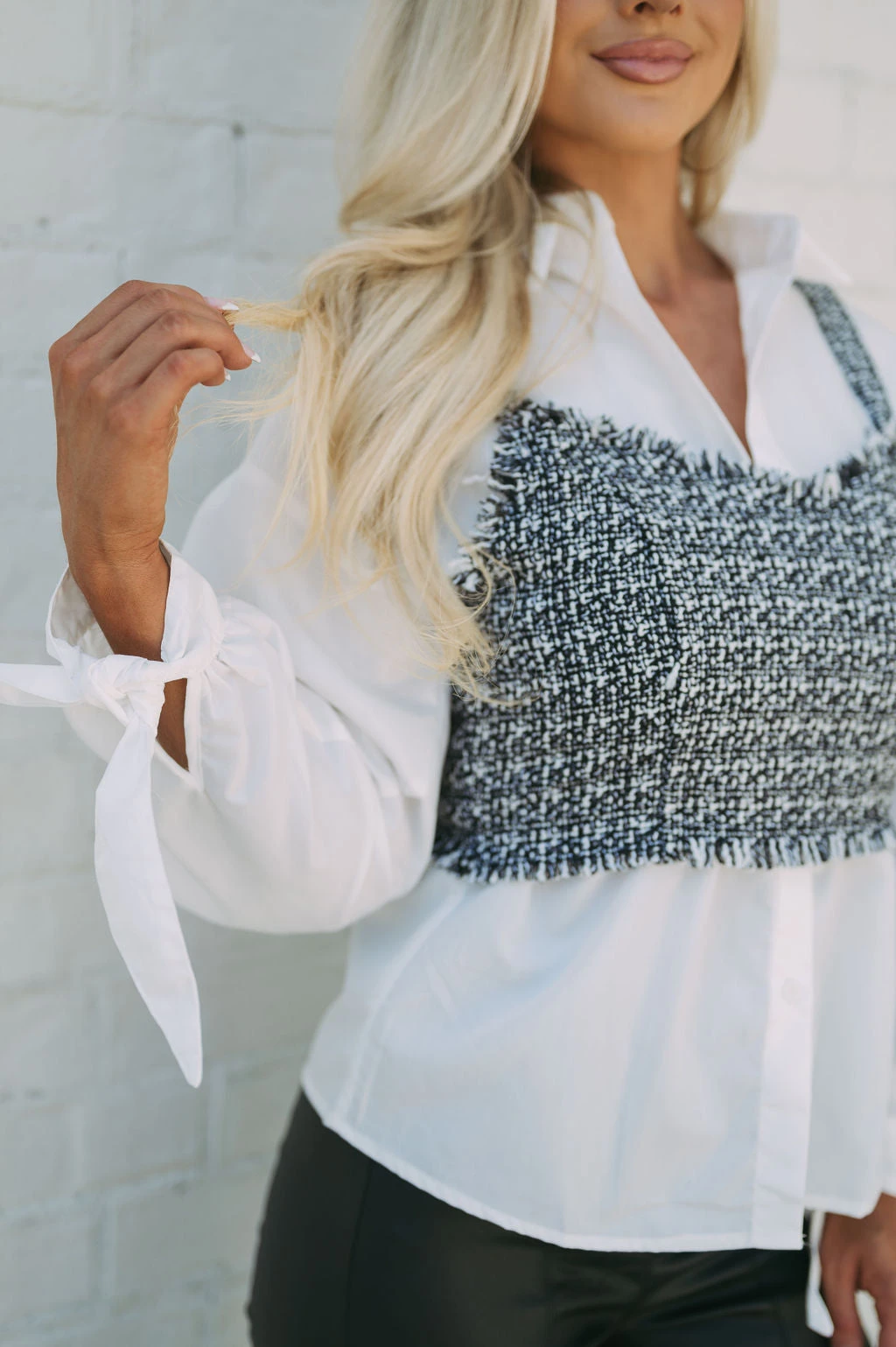 Tweed Button Down Combo Top- Black/White - Image 17